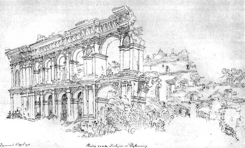 XIX wieczna rycina – Ruiny pałacu w Dąbrowicy - Zygmunt Vogel